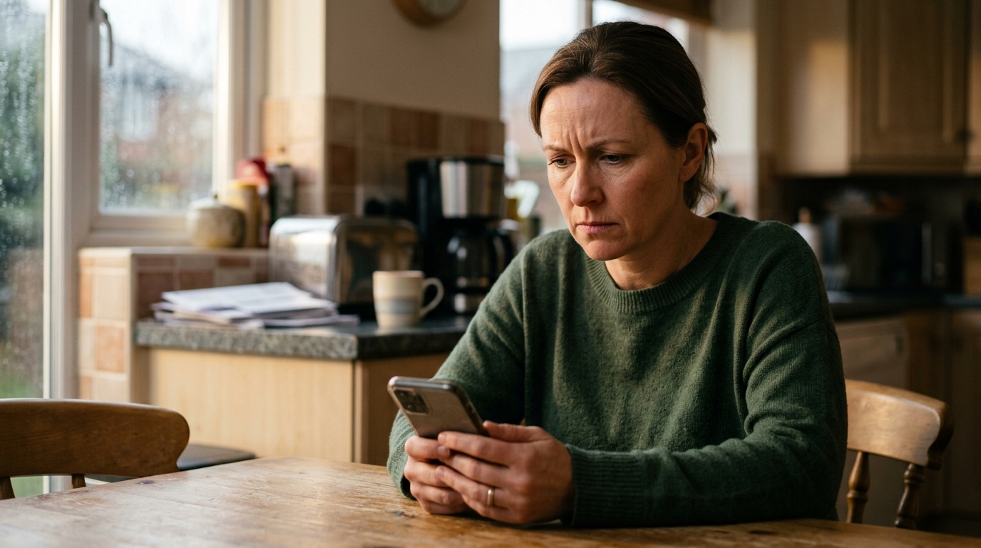 Parent inquiet regardant son smartphone à la table de cuisine
