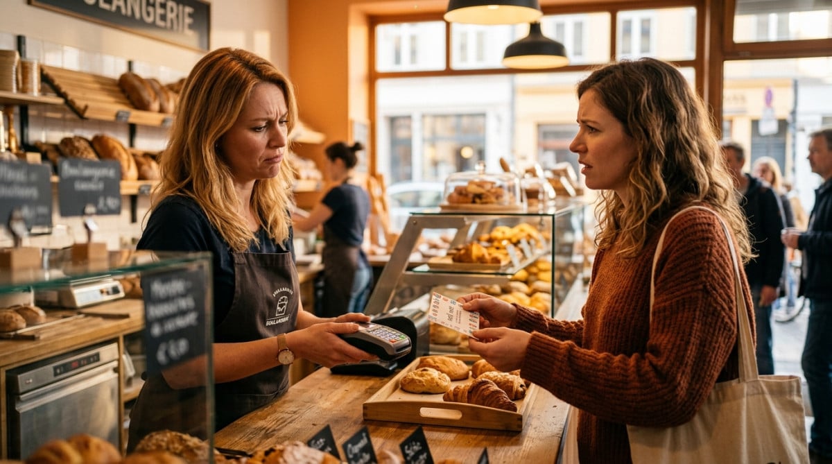 Caissier et cliente hésitants un dimanche matin