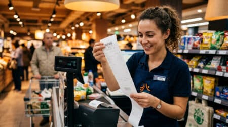 Caissière tenant un ticket sortant d'une imprimante thermique