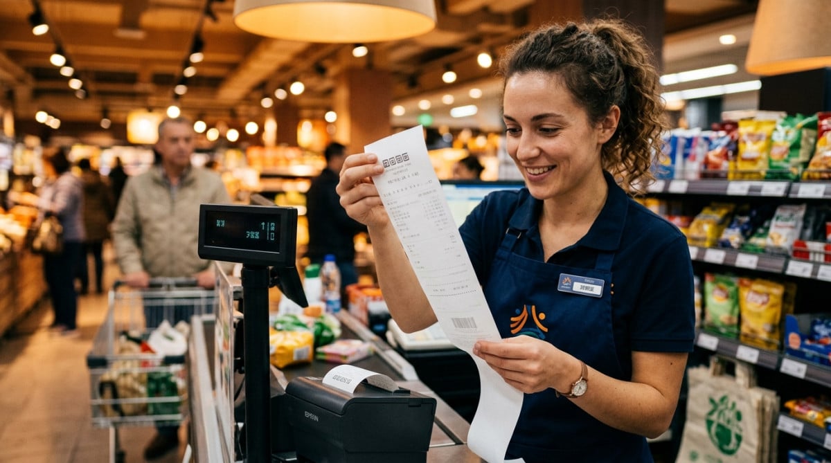 Caissière tenant un ticket sortant d'une imprimante thermique