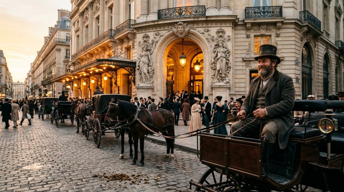 Calèches devant un théâtre du XIXe siècle à Paris