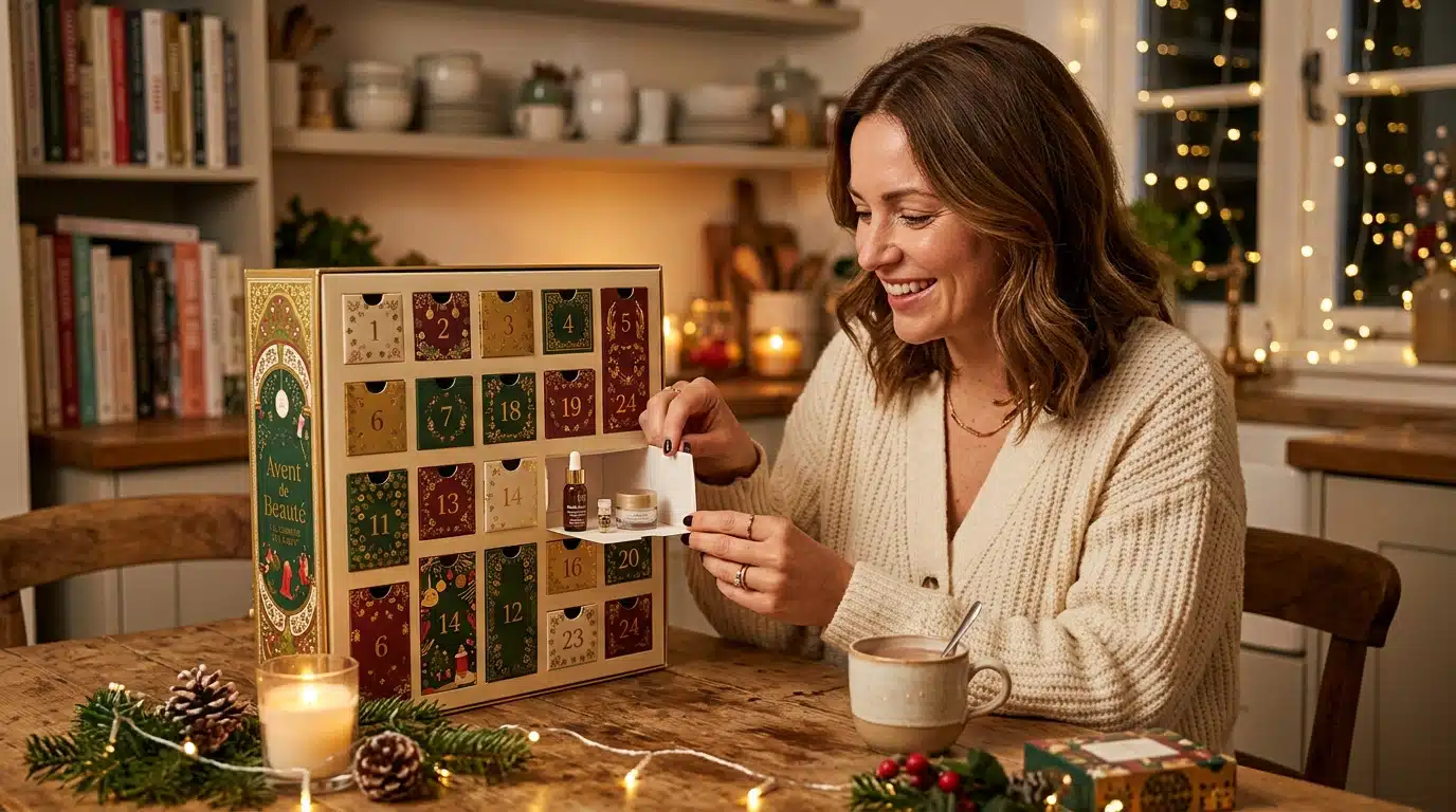 Femme ouvrant une case d'un calendrier de l'Avent beauté