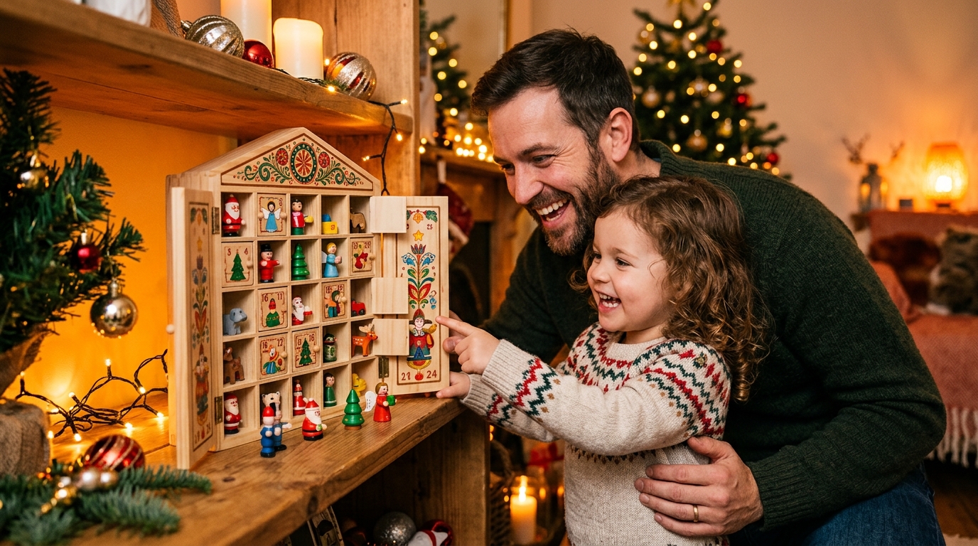 Père et enfant devant un calendrier de l'Avent de jouets