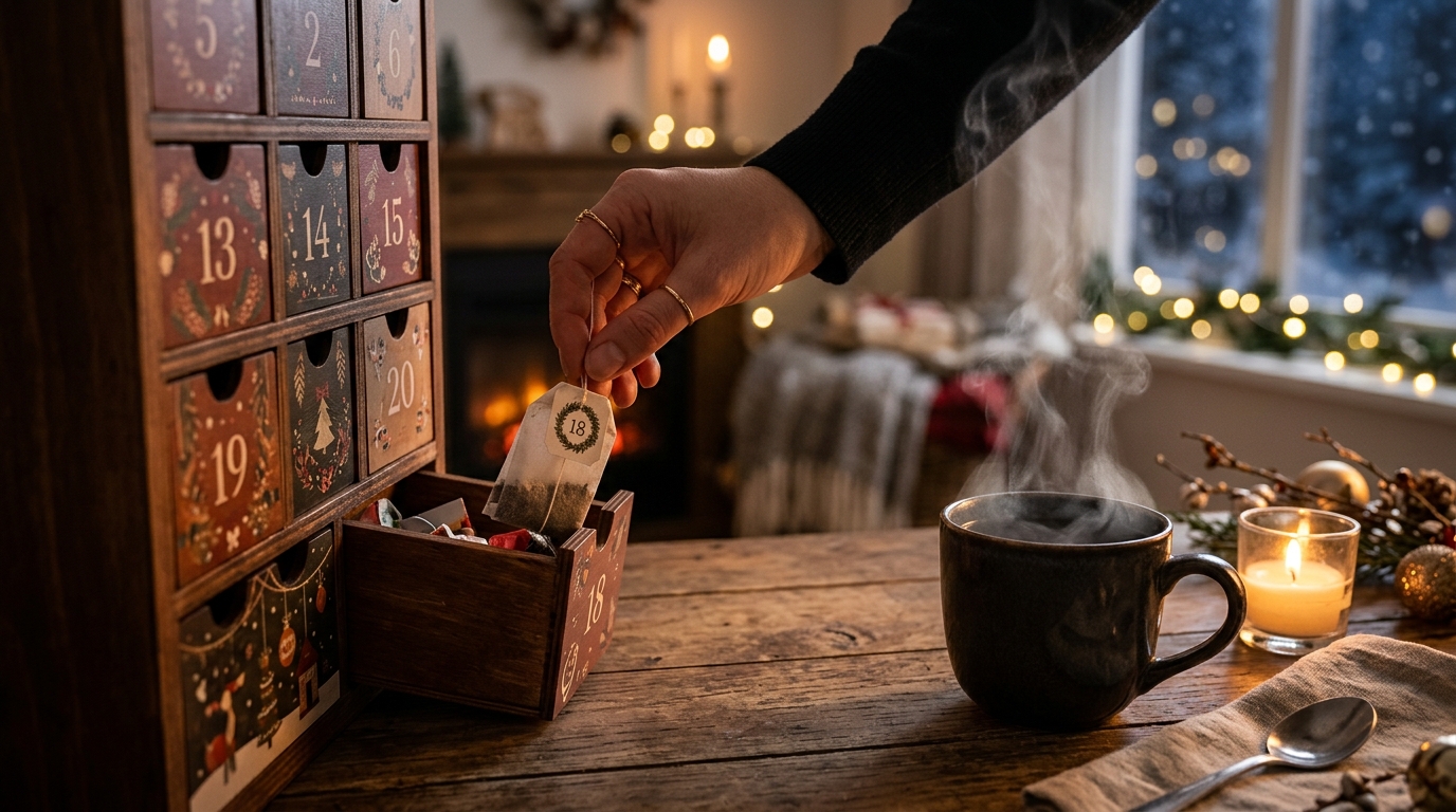 Main sortant un sachet de thé d'un calendrier de l'Avent