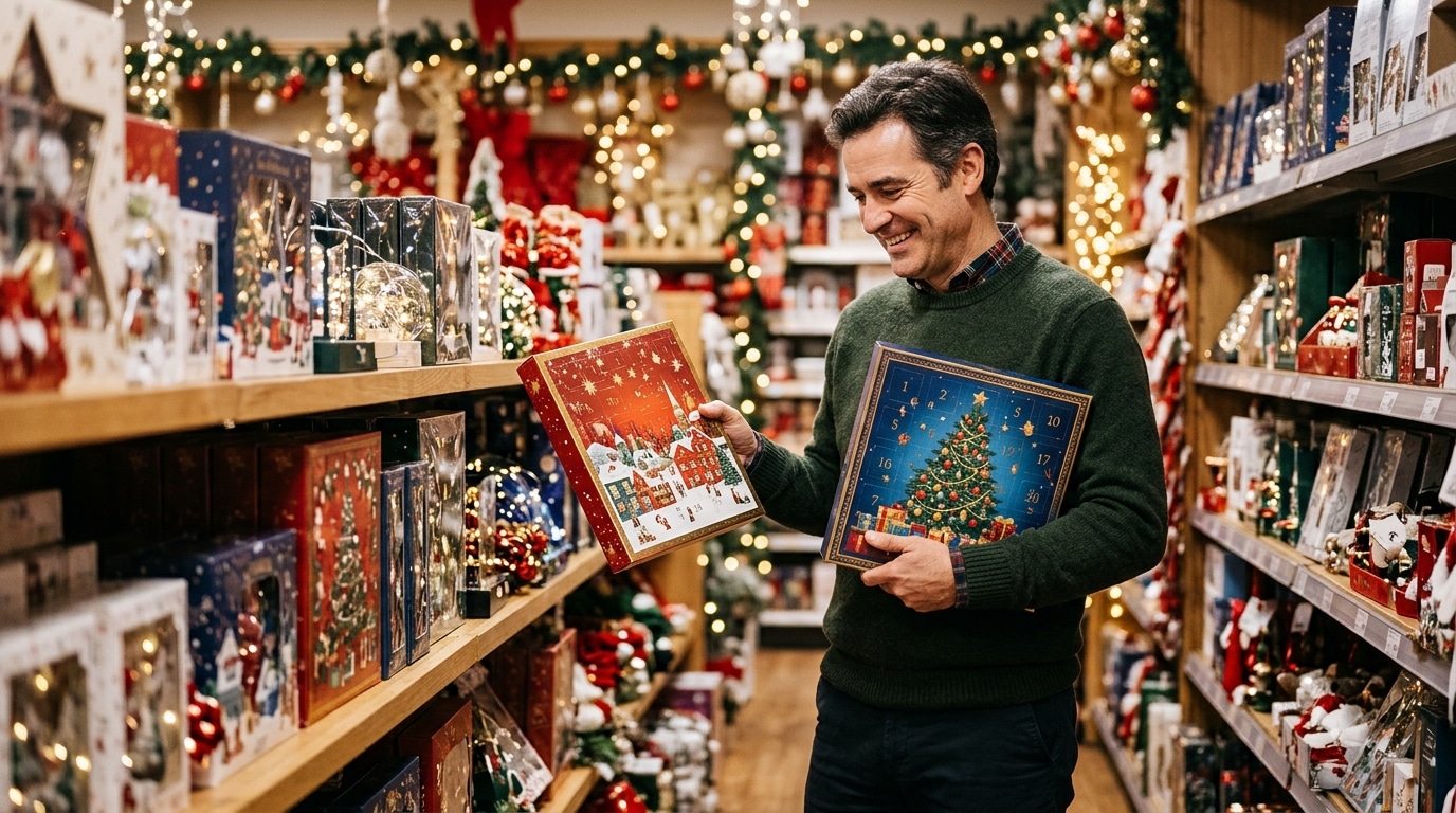 Homme comparant deux calendriers de l'Avent en magasin