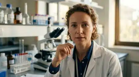 Scientifique au regard grave dans un laboratoire de recherche