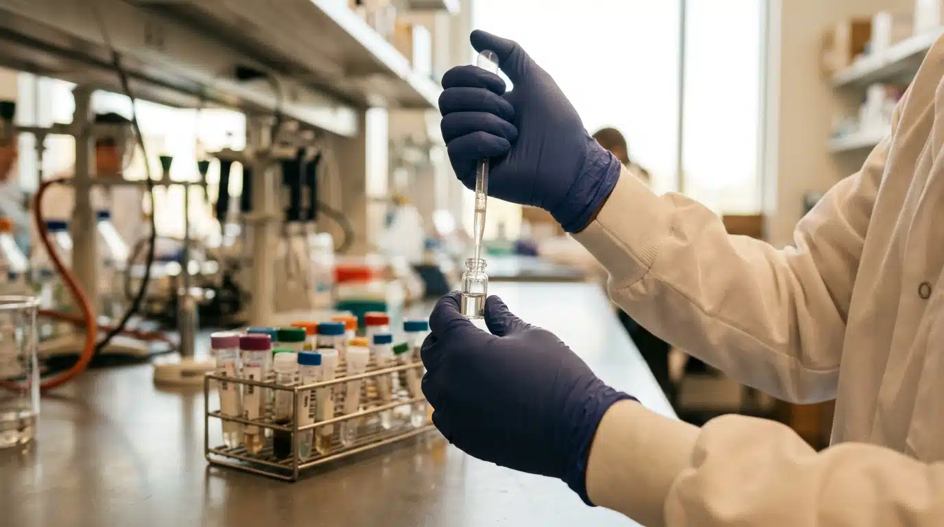Mains gantées tenant un flacon dans un laboratoire