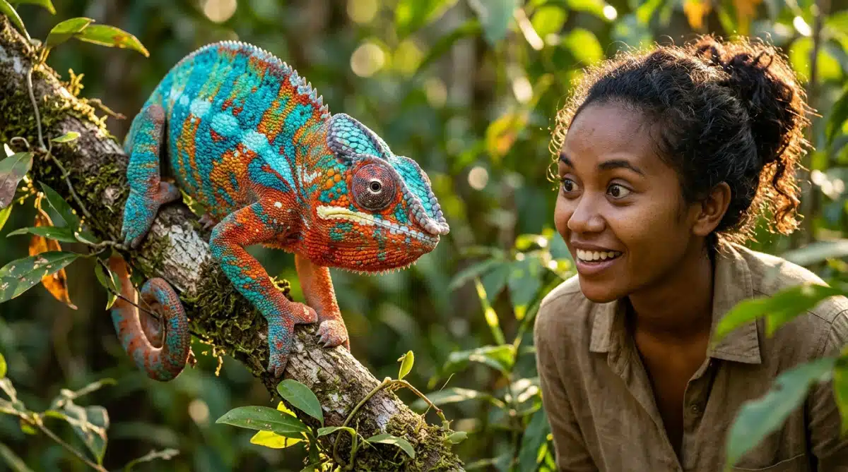 Caméléon panthère aux couleurs vives observé par une femme