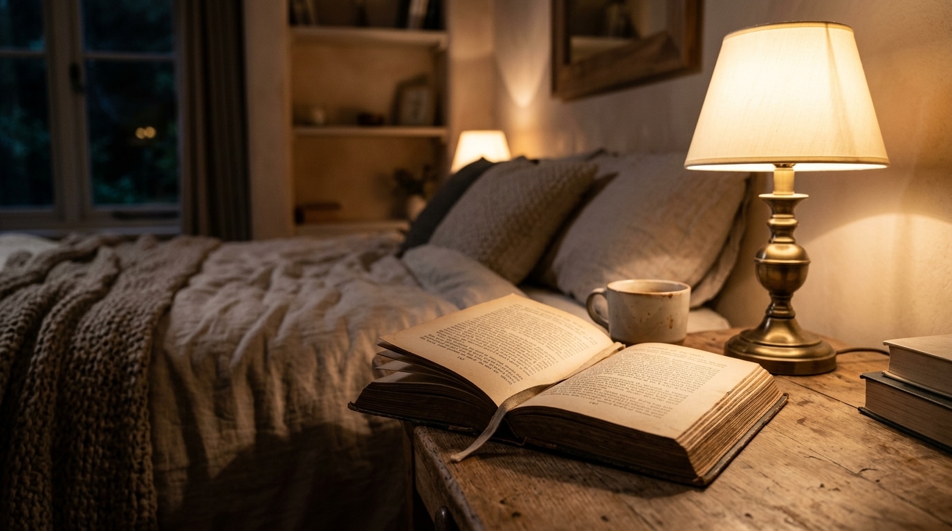 Livre ouvert et lampe allumée sur une table de chevet