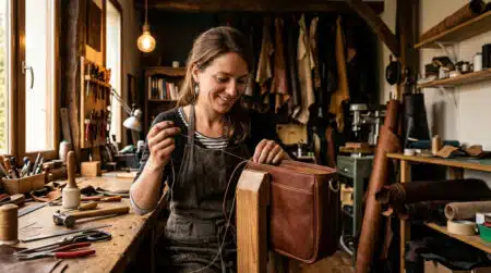 Camille, sellière-maroquinière, pique un sac en cuir