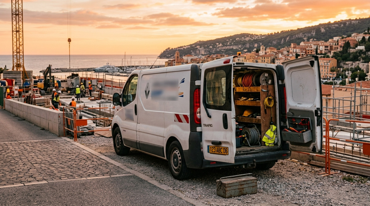 Camionnette d'électricien garée près d'un chantier à Saint-Nazaire