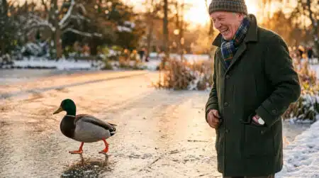 Canard colvert marchant pieds nus sur un étang gelé