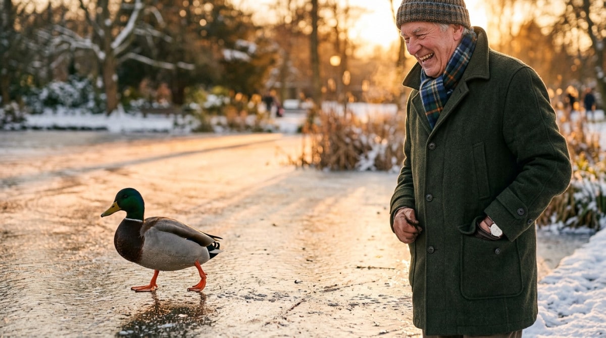 Canard colvert marchant pieds nus sur un étang gelé