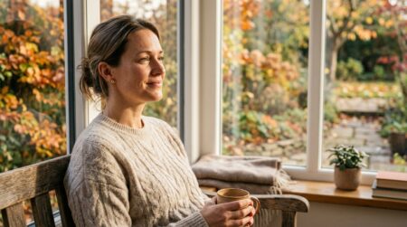 Femme apaisée près d'une fenêtre un matin d'automne