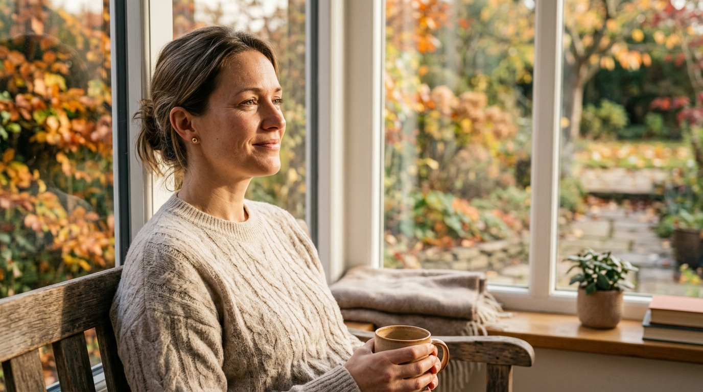 Femme apaisée près d'une fenêtre un matin d'automne