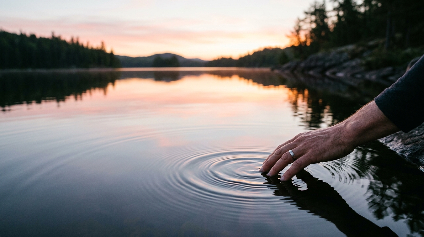 Main effleurant l'eau calme d'un lac à l'aube