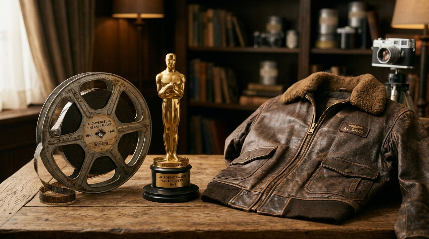 Bobine de film et statuette dorée sur table en bois