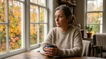 Personne pensive et fatiguée près d'une fenêtre en automne