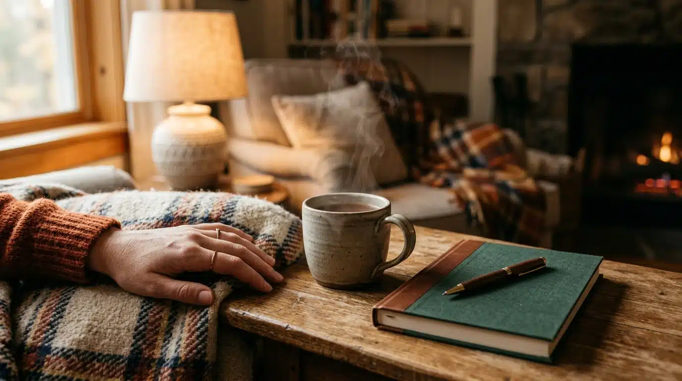 Mug fumant, carnet fermé et plaid sur table en bois