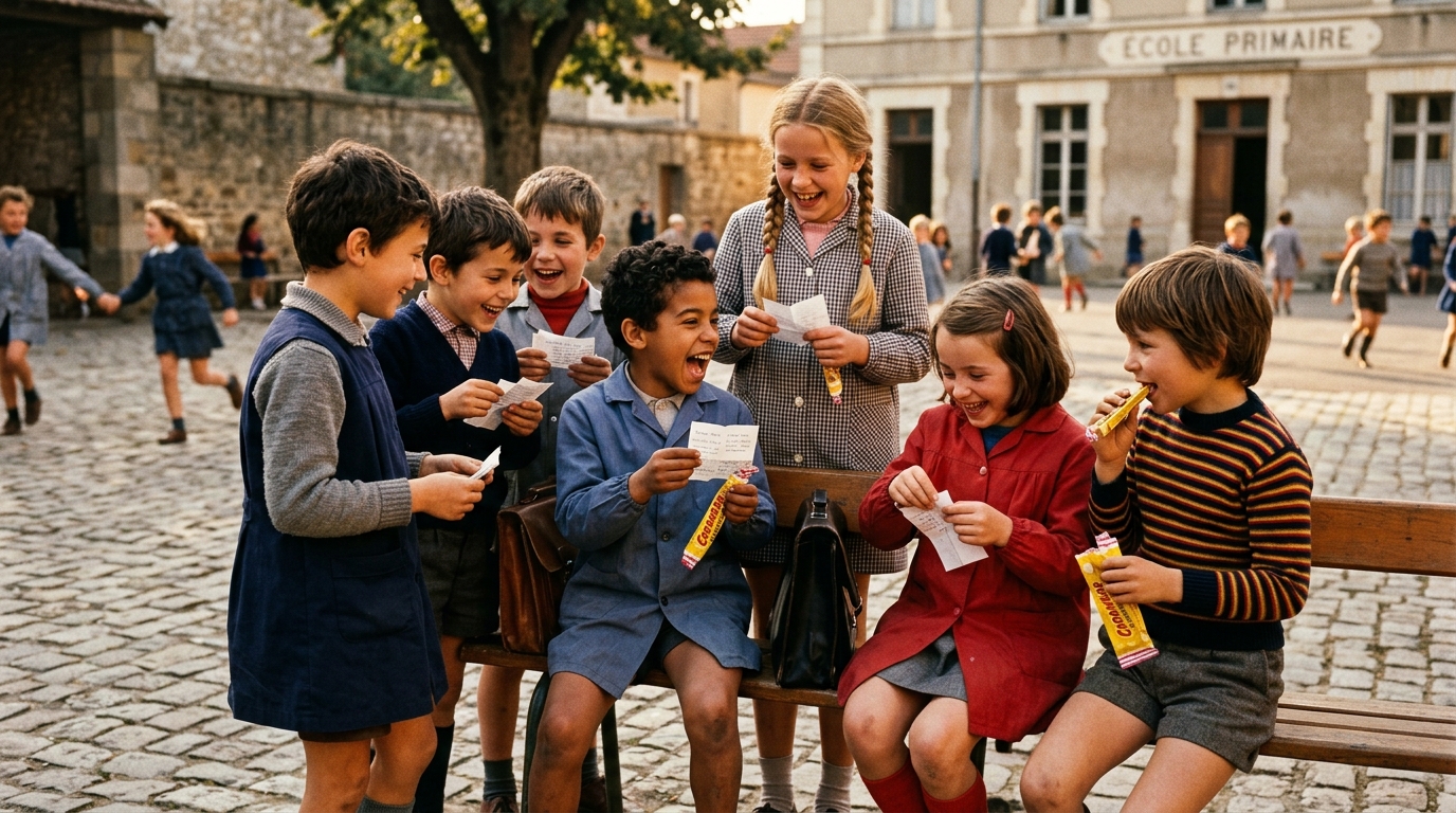 Des enfants s'échangent des papiers de bonbon dans une cour d'école