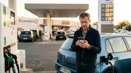 Automobiliste comparant les prix du carburant sur son smartphone