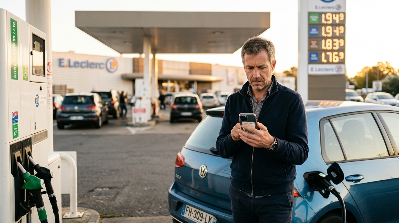 Automobiliste comparant les prix du carburant sur son smartphone