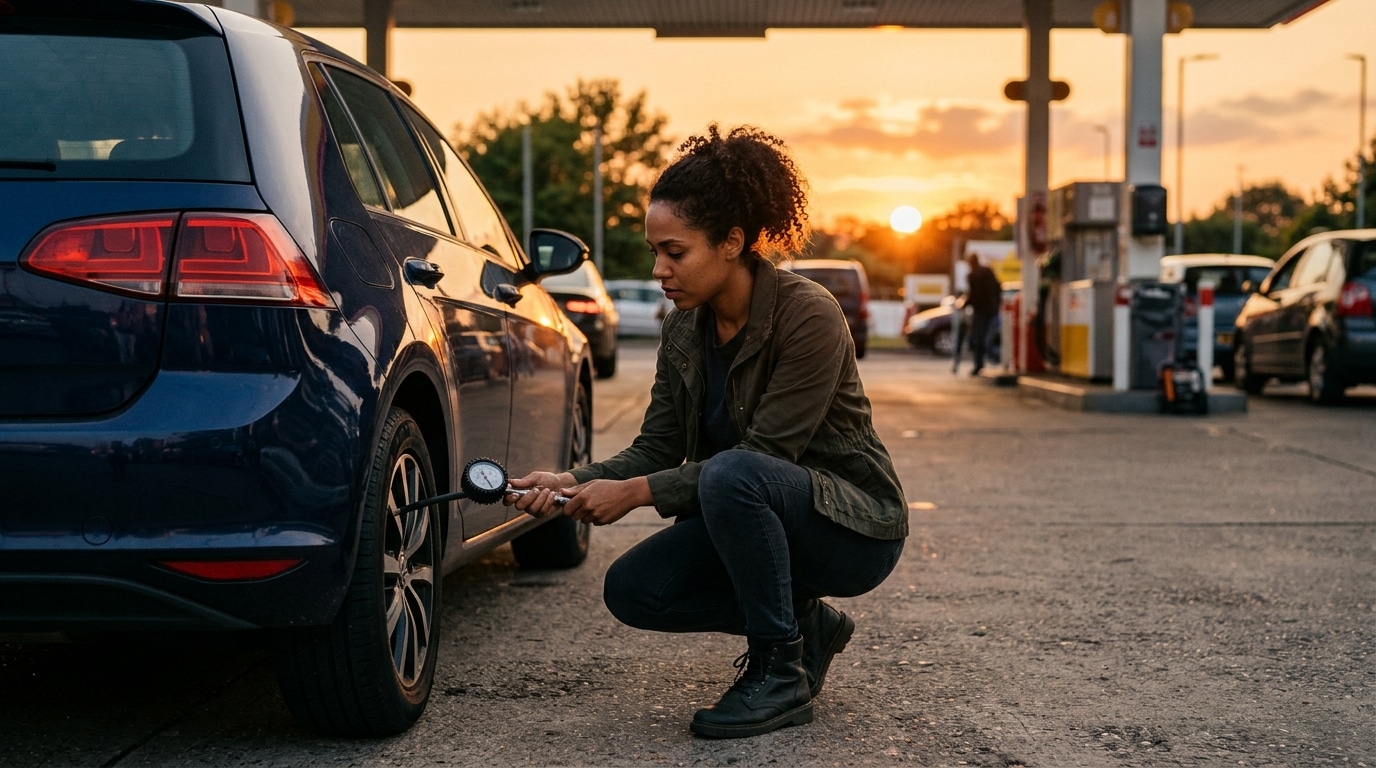 Femme vérifiant la pression de ses pneus à la station