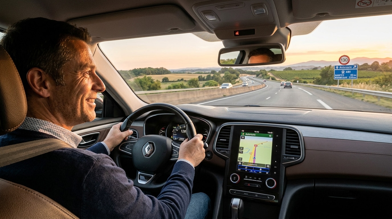 Conducteur serein au volant sur l'autoroute au coucher du soleil