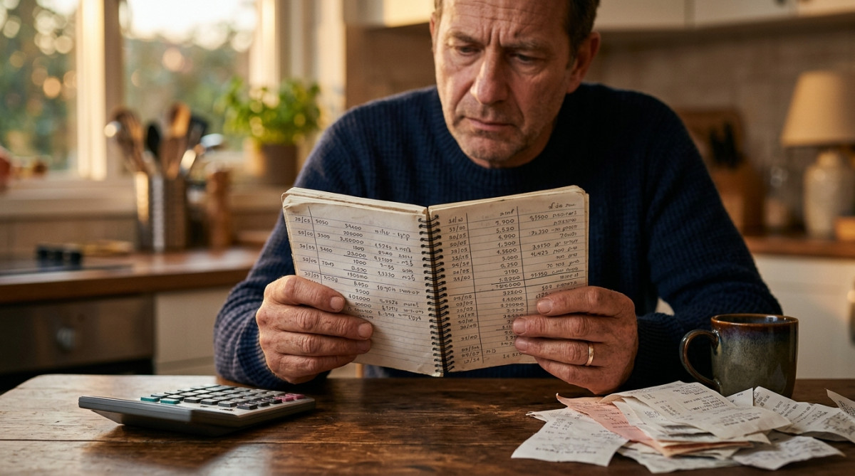 Carnet de comptes et tickets de caisse sur une table de cuisine