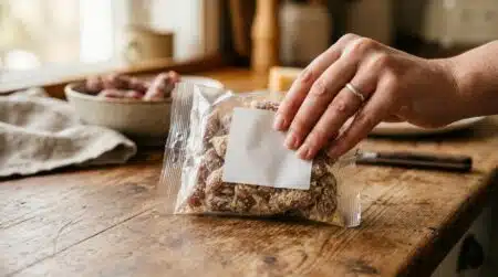 Sachet de mini-saucissons retourné sur un plan de travail