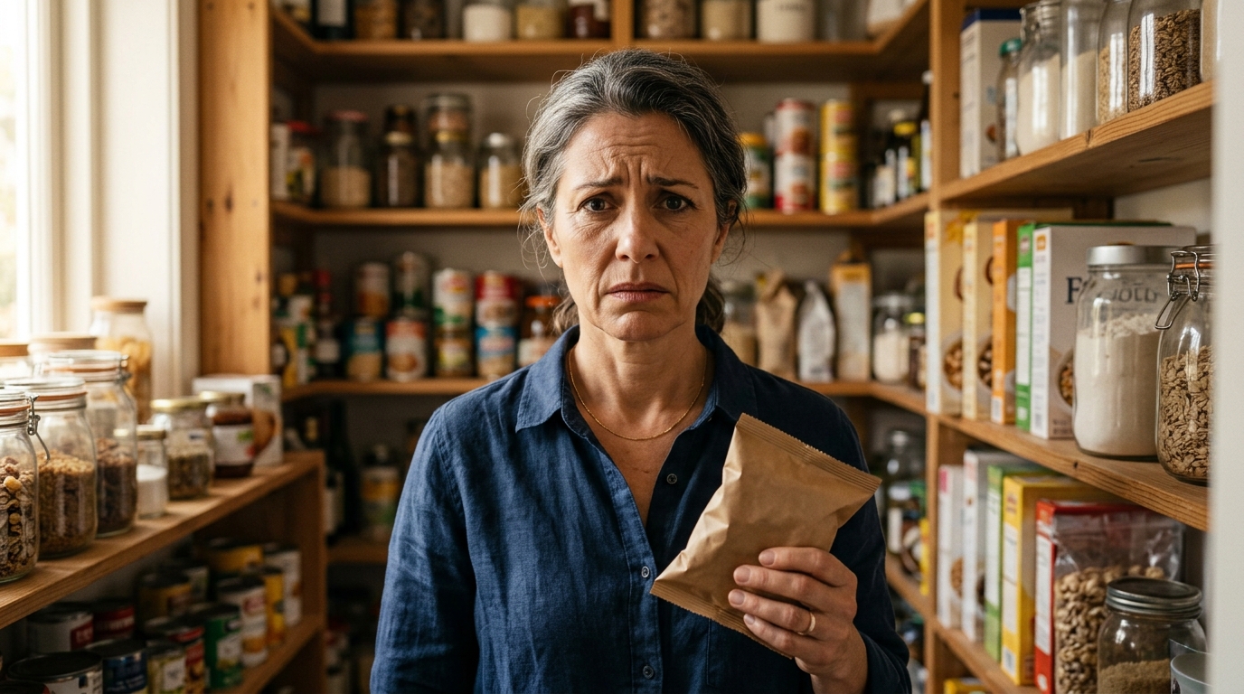 Personne inquiète tenant un sachet dans un placard de cuisine