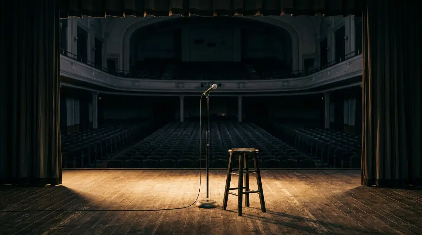 Micro sur pied sous un projecteur dans une salle vide