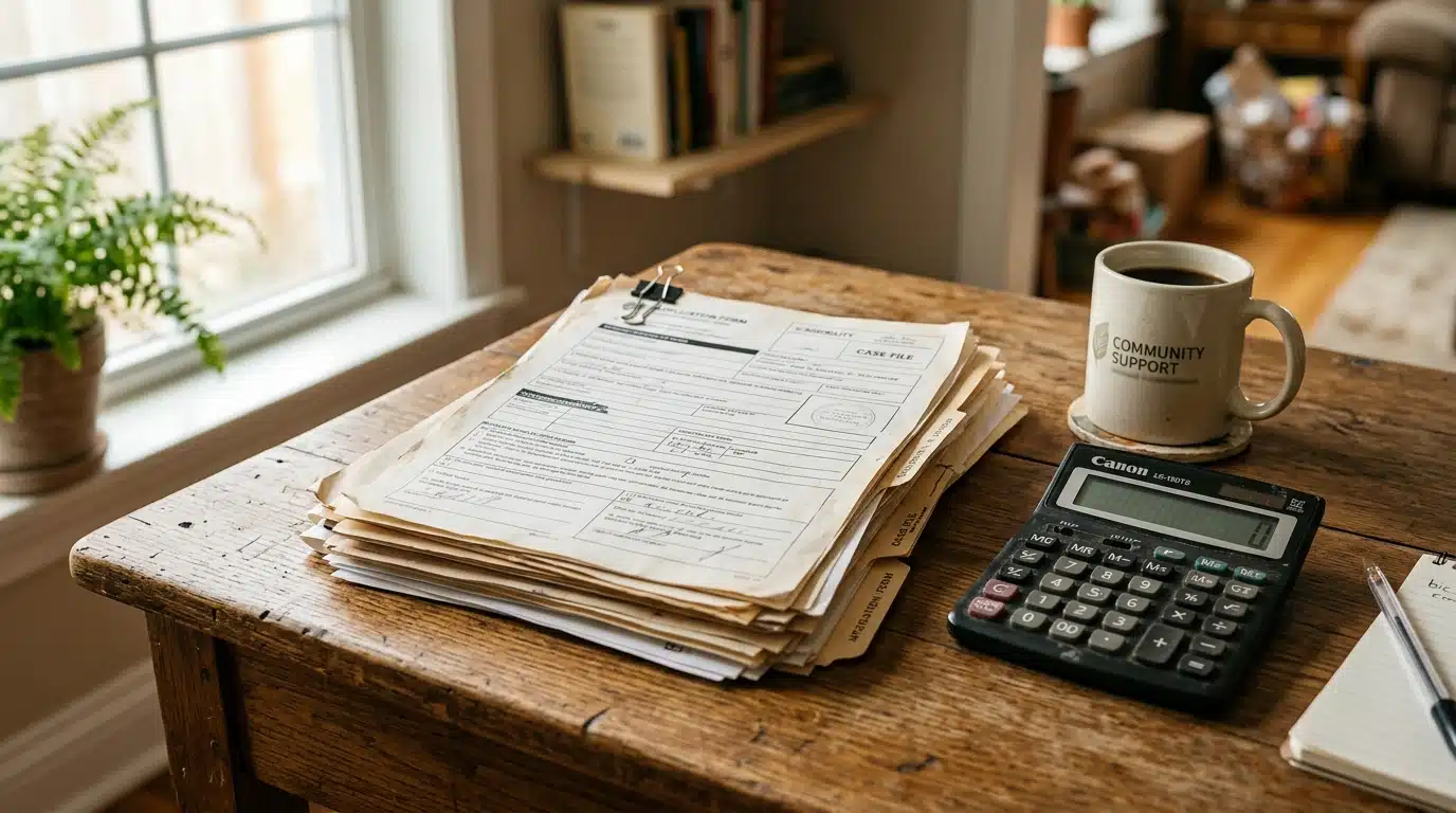 Documents administratifs posés à côté d'une calculatrice sur un bureau