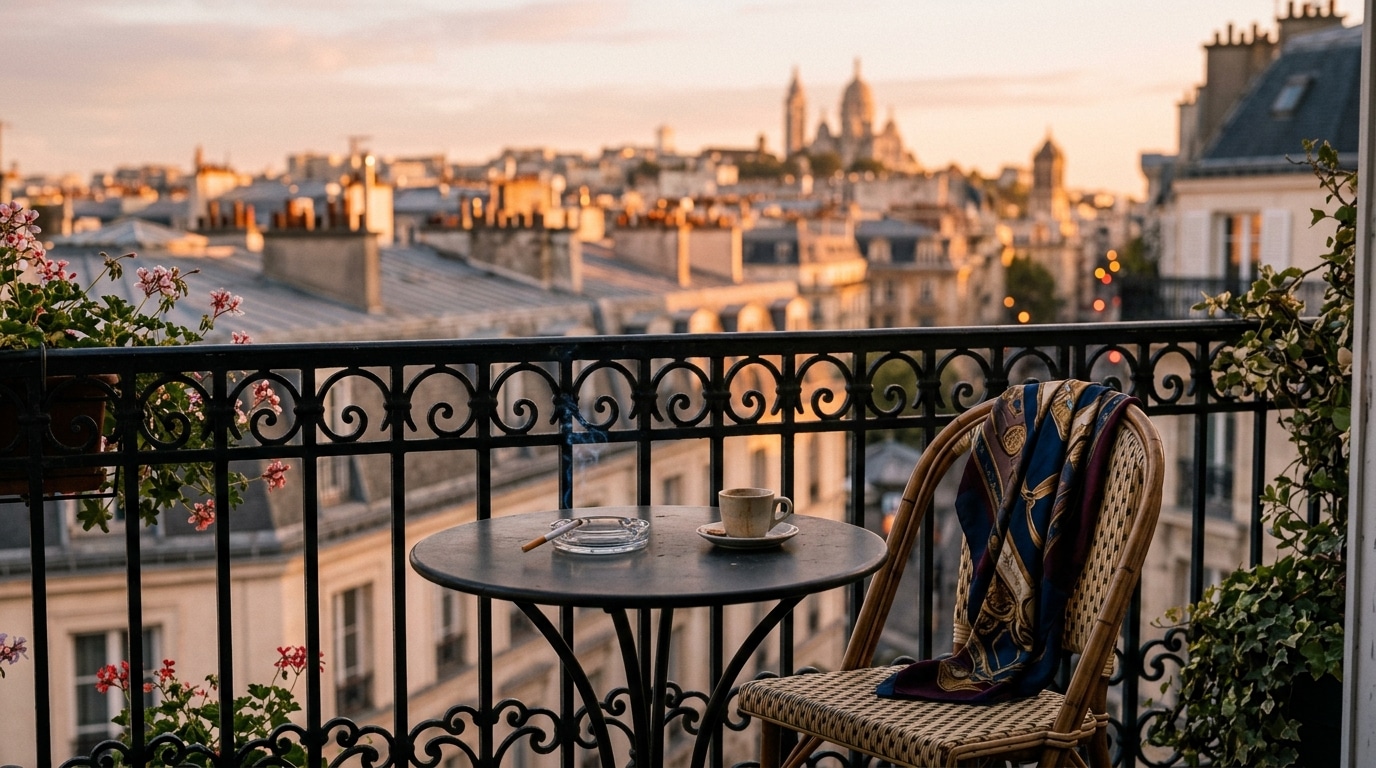 Cigarette posée sur un balcon parisien à la lumière dorée du soir