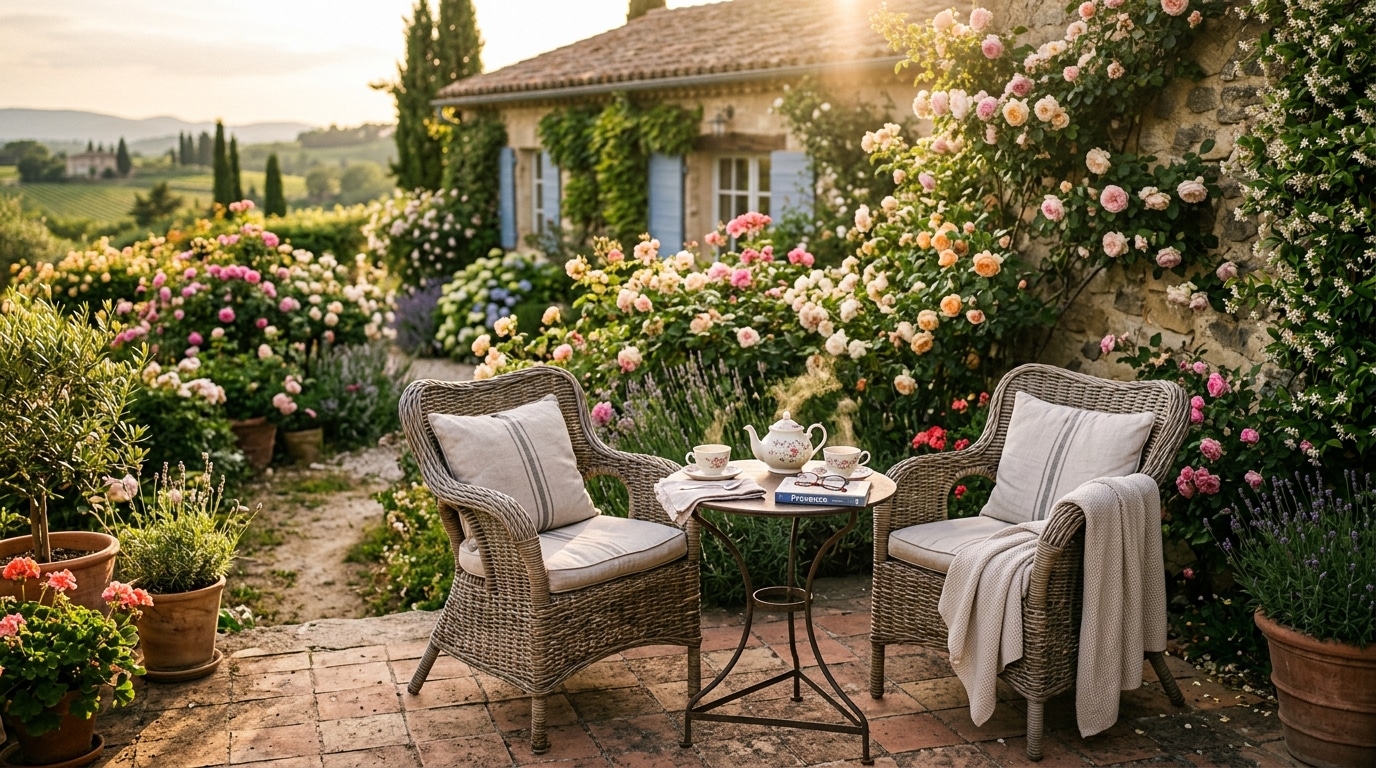 Terrasse ensoleillée d'un jardin à la française avec fauteuils et rosiers