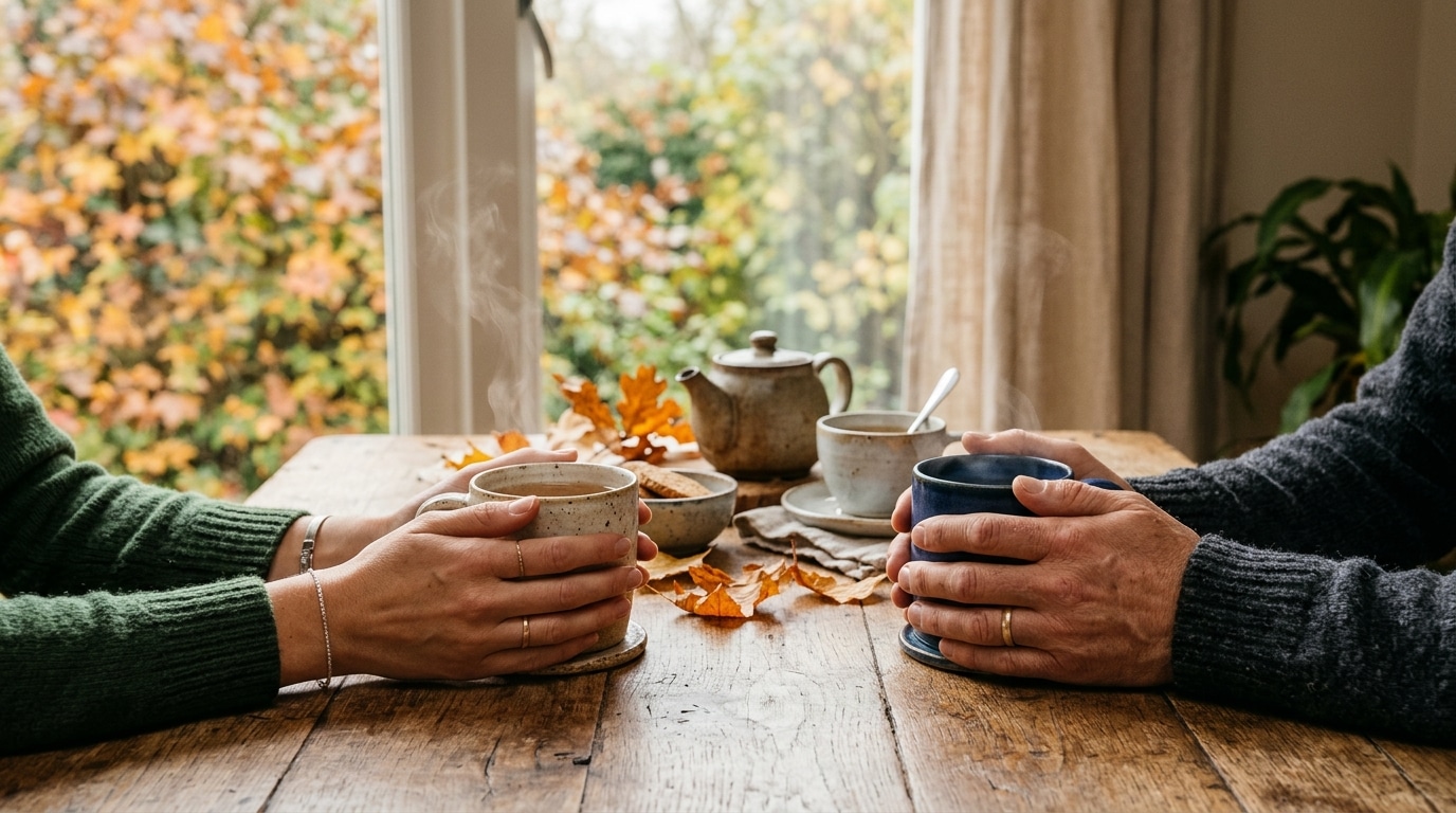 Mains de proches autour de tasses de thé fumantes