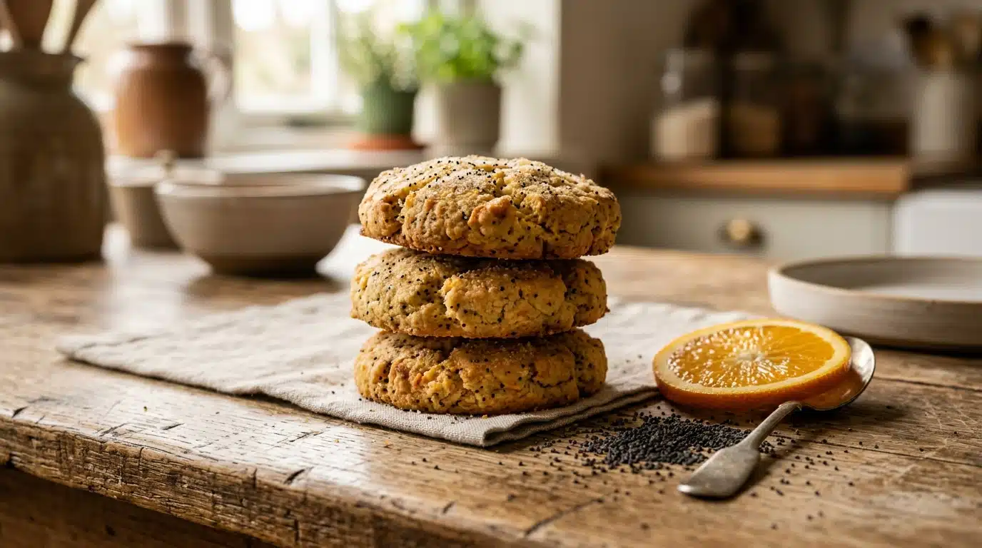 Biscuits à l'orange et aux graines de pavot sur table en bois