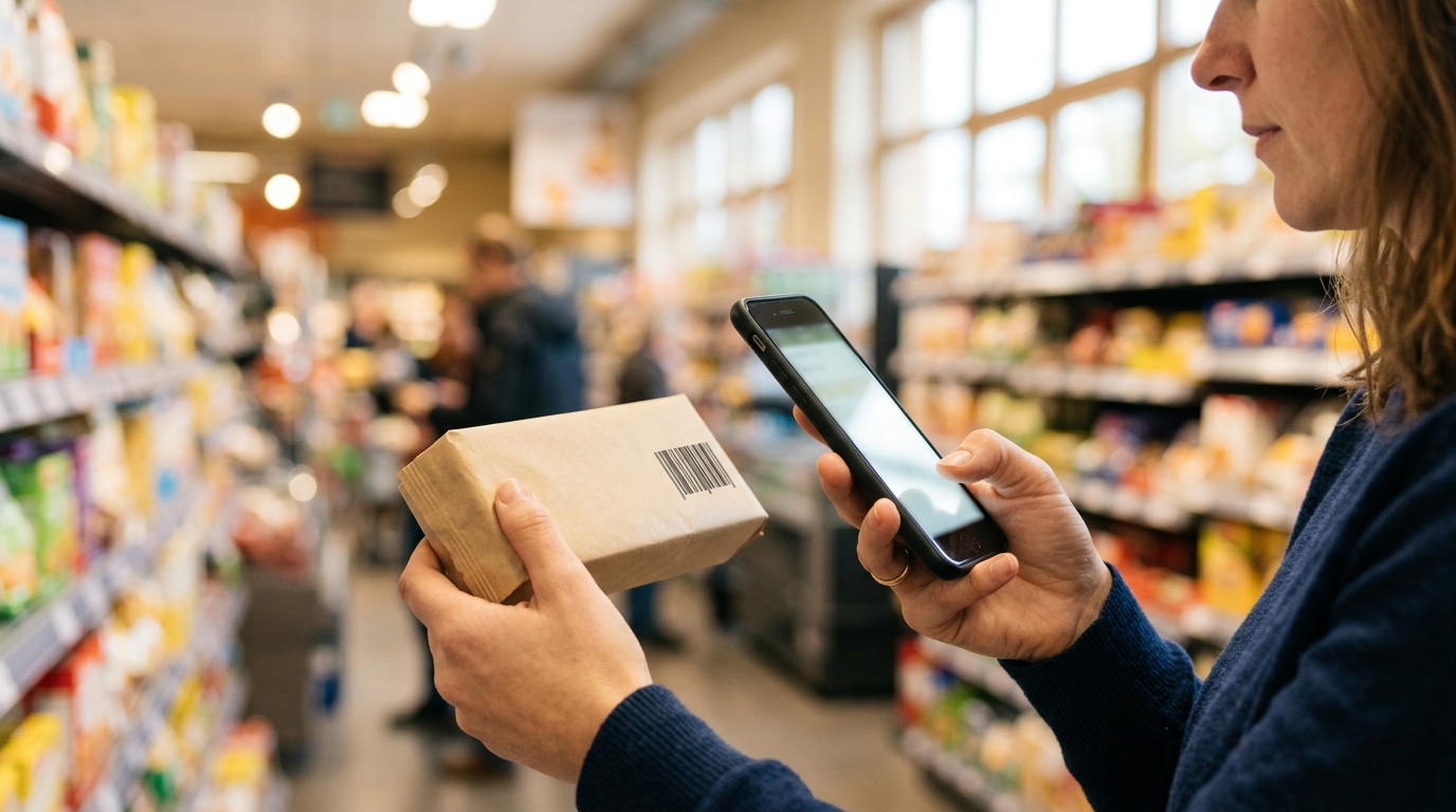Main tenant un smartphone devant un paquet de biscuits en rayon