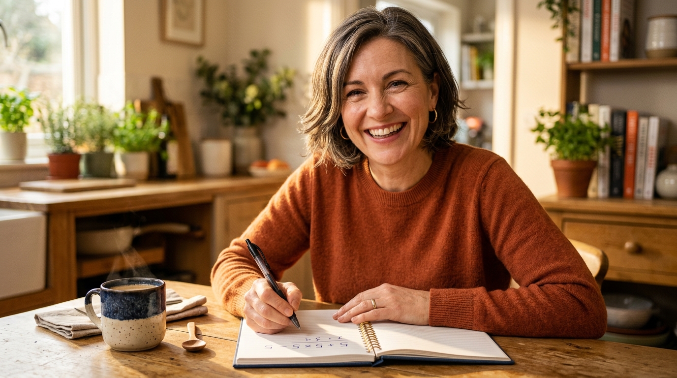 Femme souriante avec un stylo devant un calcul sur un carnet