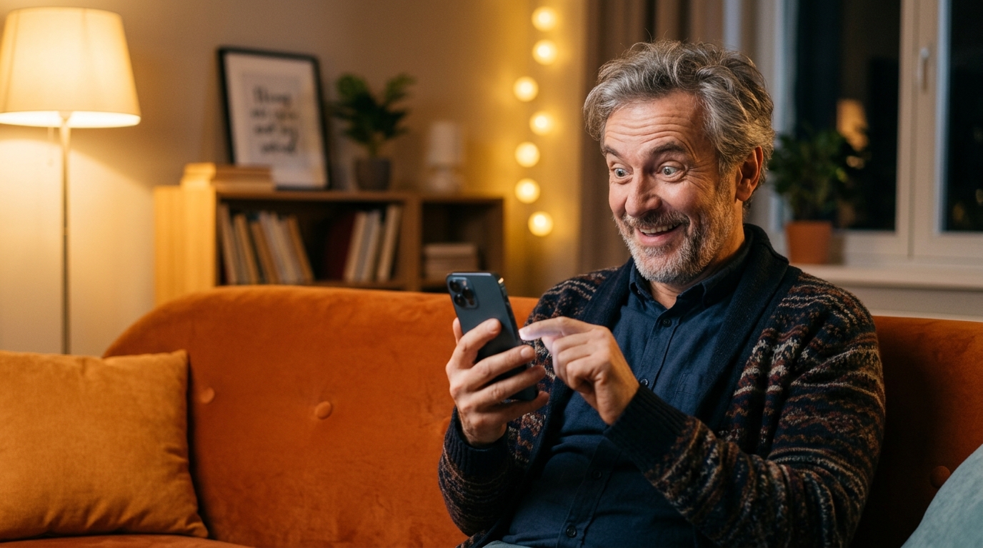 Homme surpris regardant l'énigme sur son smartphone