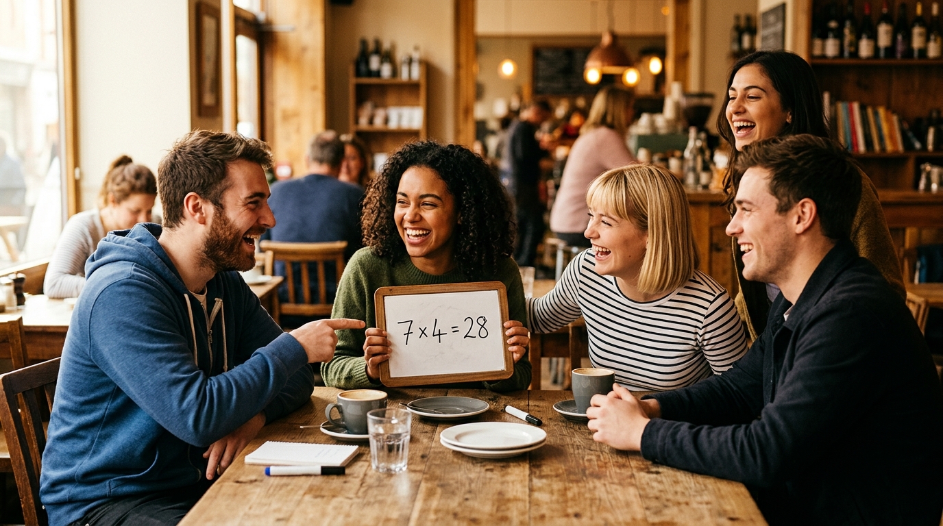 Amis rieurs autour d'une table devant un petit tableau