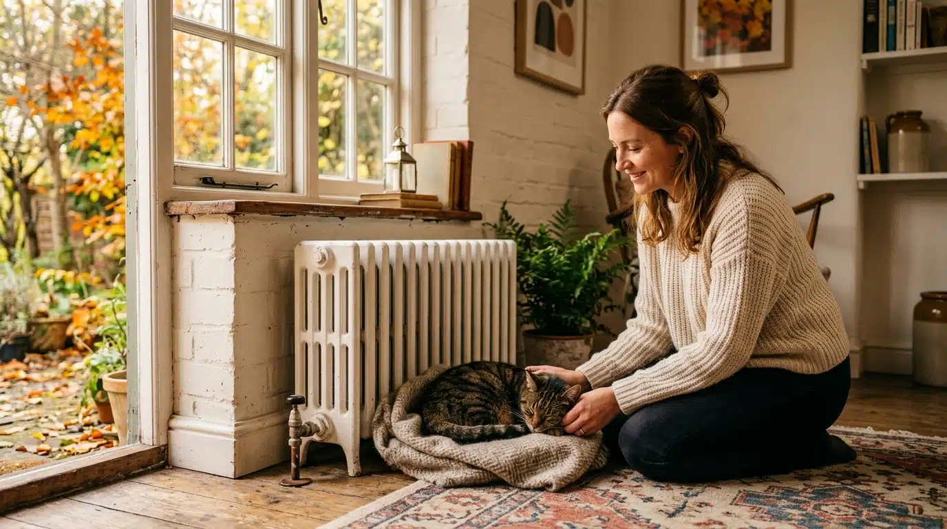 Femme souriante près d'un chat tigré collé au radiateur