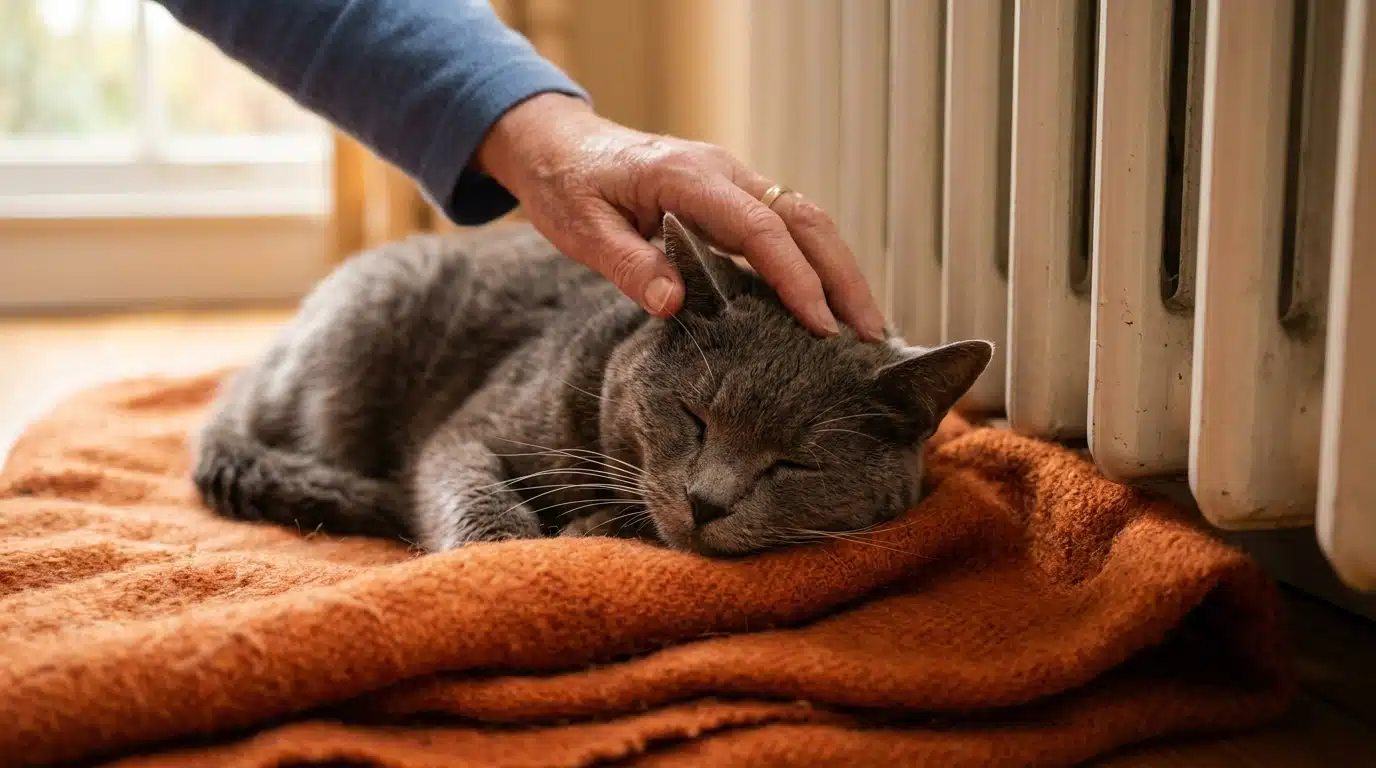 Vieux chat gris endormi sur un plaid près du radiateur