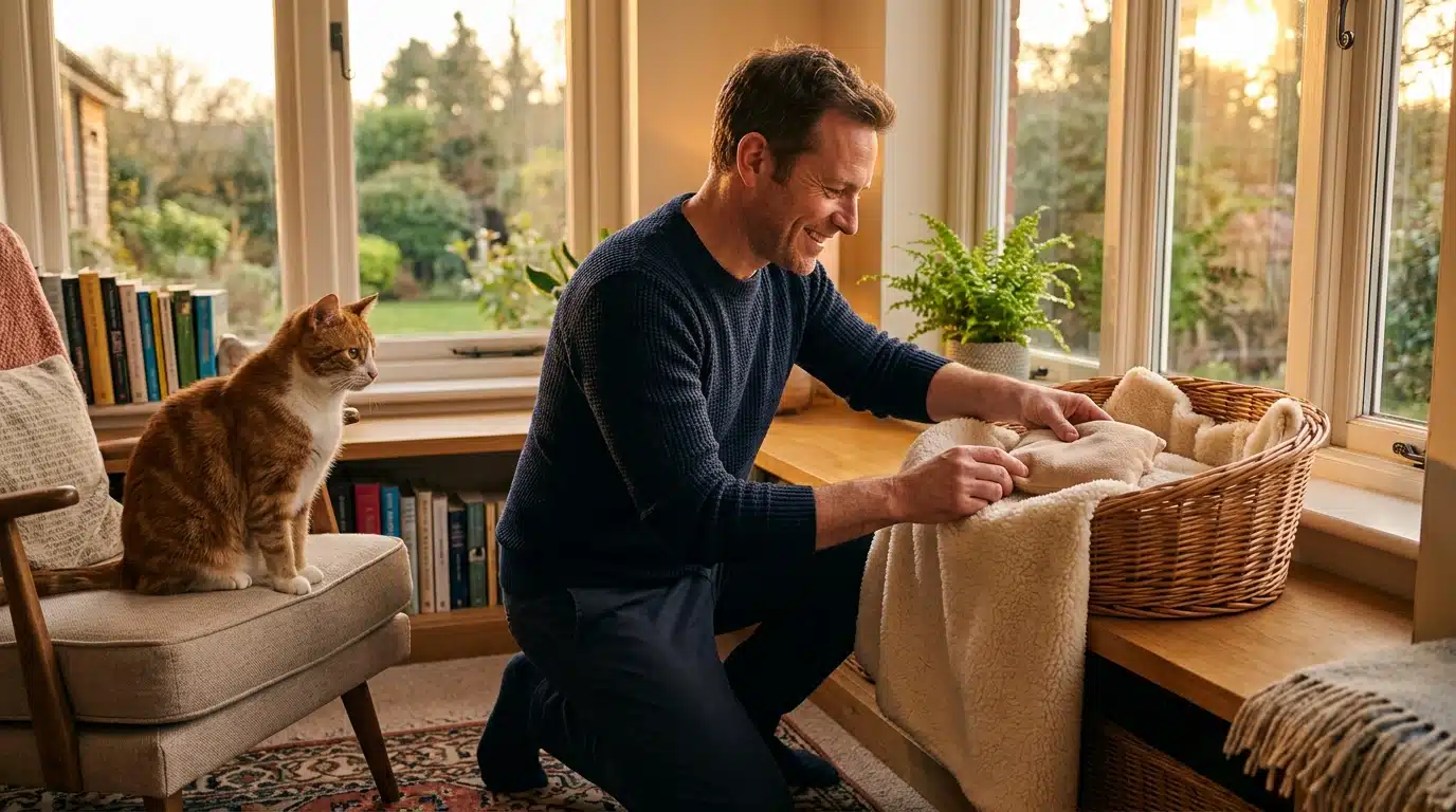 Homme installant un coussin chauffant sûr pour son chat roux