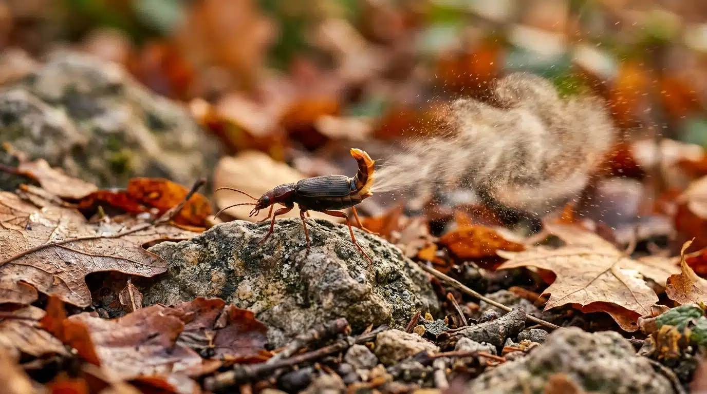 Coléoptère noir projetant un jet fin sur des feuilles mortes