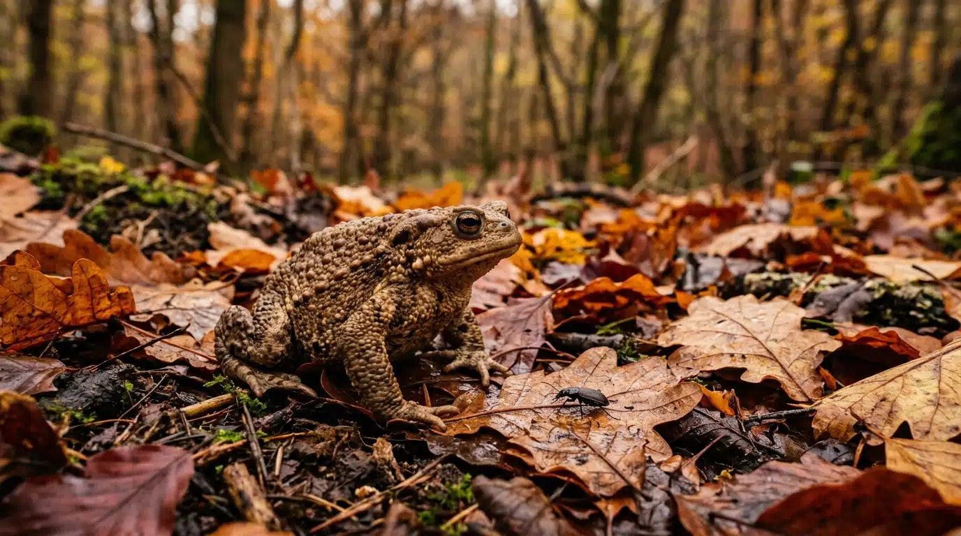 Crapaud immobile sur le sol humide d'un sous-bois automnal