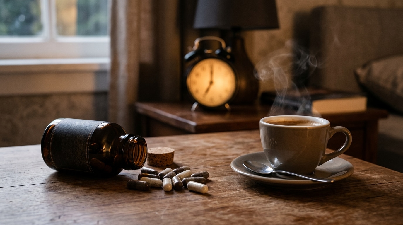 Capsules et tasse d'espresso sur une table de chevet