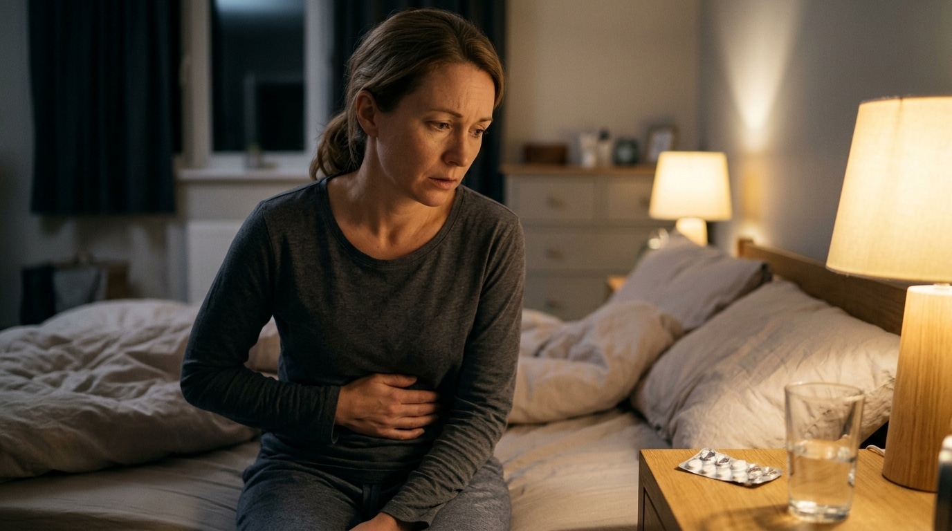 Personne inquiète assise sur son lit avec des comprimés