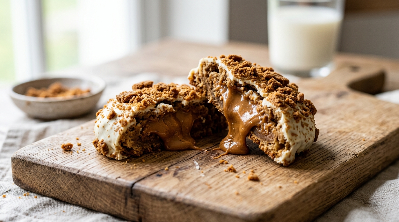 Cookie coupé en deux au cœur de spéculoos coulant