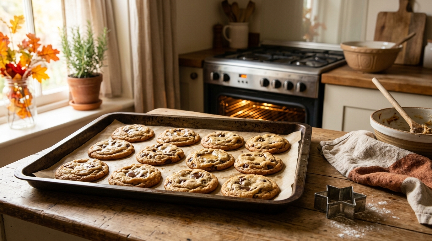 Plaque de cookies dorés sortant du four